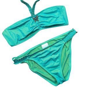 Rare Vintage Teal Green Butterfly Rhinestone Shimmer Bikini Set Large Y2K